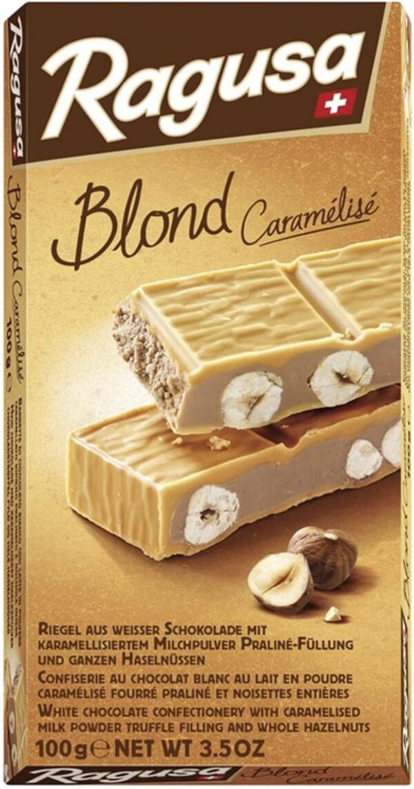 Ragusa - BLOND, White Chocolate Bar with Praline Filling and Whole Hazelnuts, 100g, single bar - Image 2